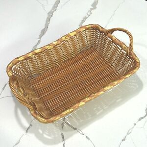 Tan Brown Wicker Weave Basket with Handles Bread Trinkets Keys